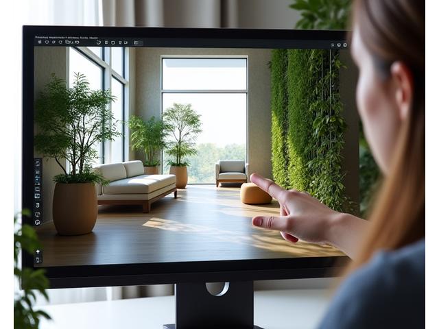 A 3D rendering of a proposed interior space featuring custom bamboo furniture and a large integrated plant feature, shown on a computer screen.