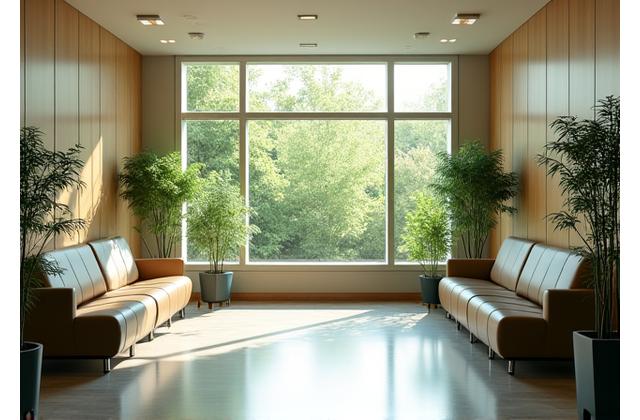 A calm hospital waiting area with natural wood finishes, a large window overlooking greenery, and comfortable seating, design to promote healing.