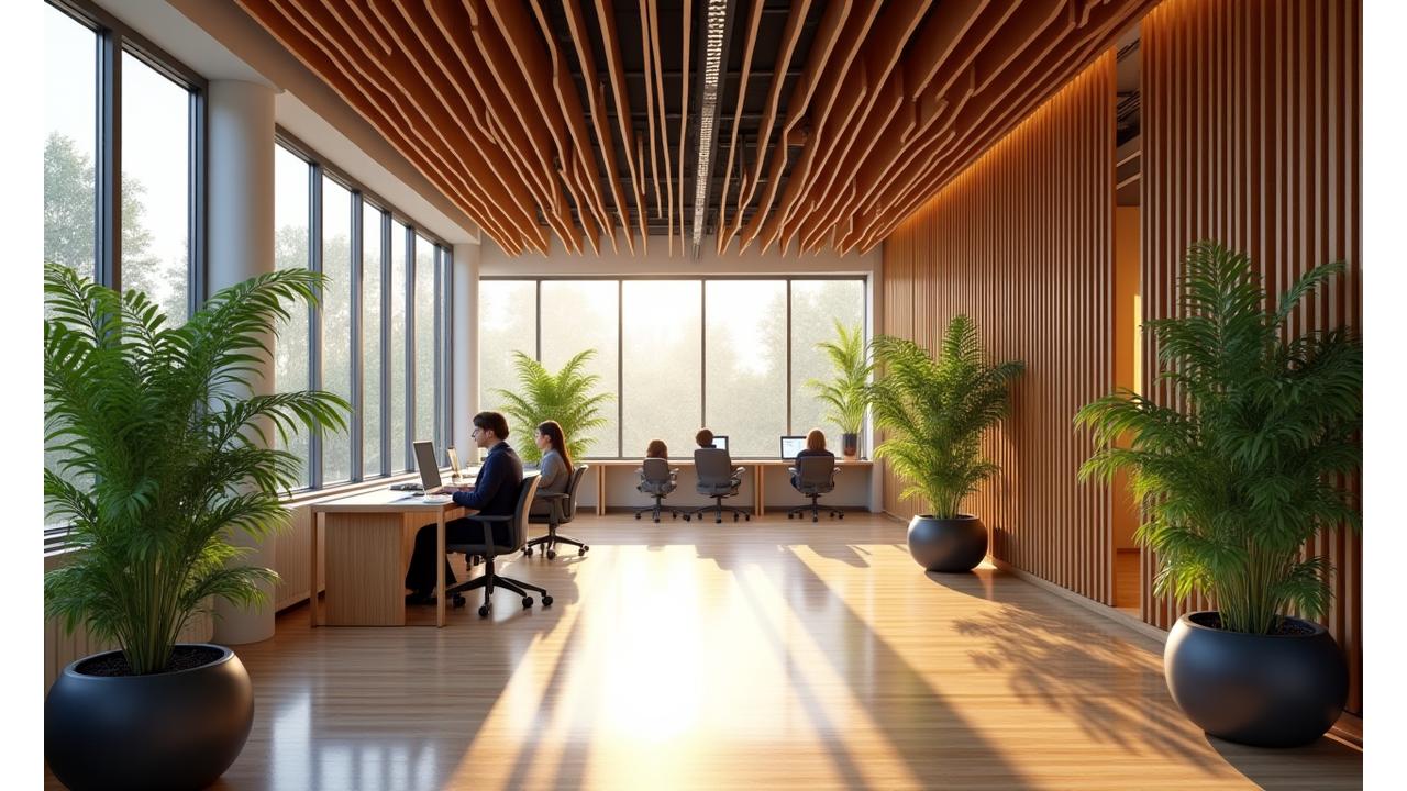 A modern, open-plan office space featuring large bamboo installations, abundant natural light, and lush indoor plants, creating a serene and productive environment.