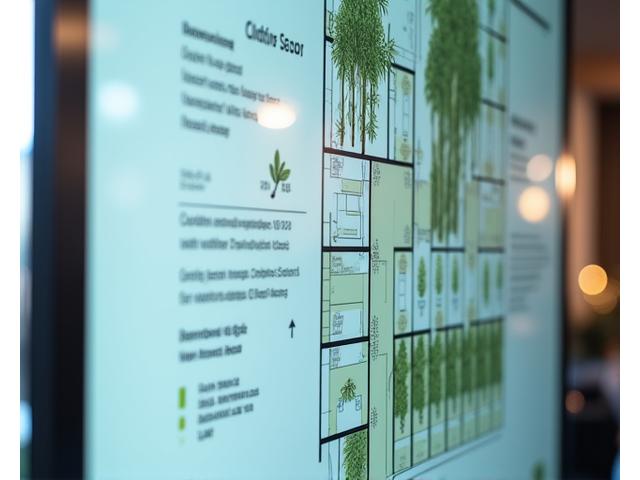 A detailed digital floor plan highlighting areas for bamboo installations, plant walls, and natural material zones.