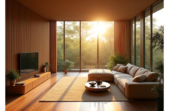 A spacious, minimalist residential living room with a custom bamboo room divider, abundant natural light, and a view of a lush garden.