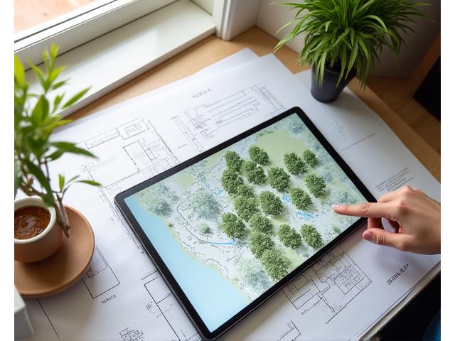 A designer reviewing architectural blueprints overlaid with a site map showing sunlight paths and surrounding greenery.