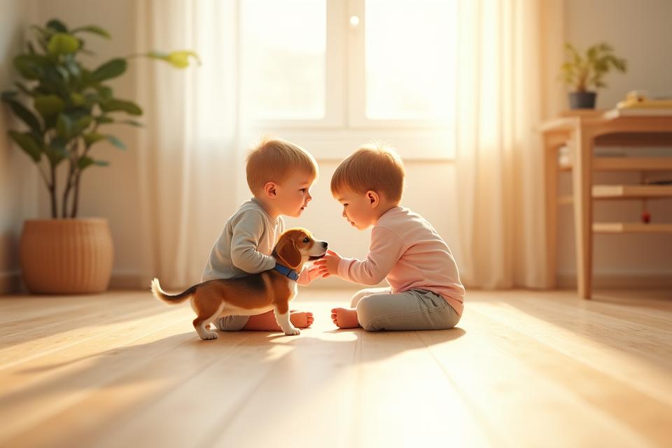 Child and small dog playing safely on bamboo flooring, showing non-toxic environment
