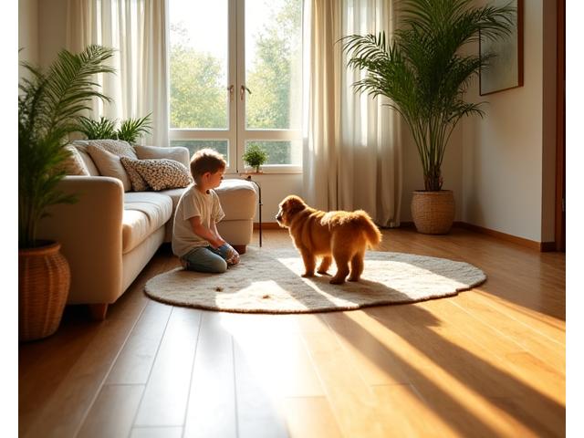Golden retriever and child playing on beautiful, durable bamboo flooring in a bright living room
