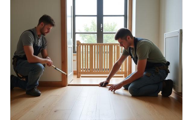 Professional installers preparing a room for bamboo flooring, with pet gates visible
