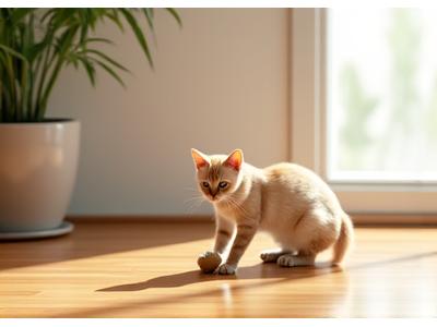 A cat playfully batting at a toy on a clean bamboo floor