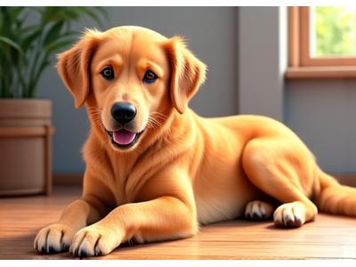 Large Golden Retriever lounging comfortably on bamboo flooring