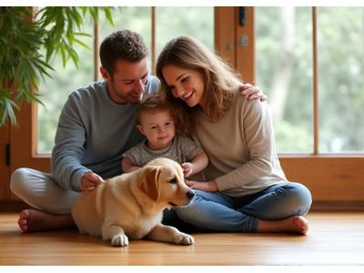 Family with small child and dog sitting on bamboo flooring, smiling