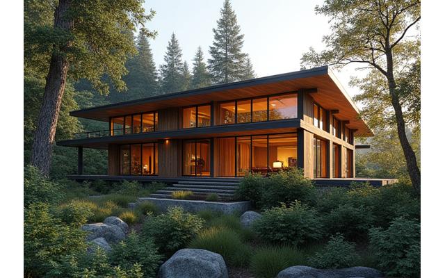 Exterior of a modern, eco-friendly residential home with natural wood cladding and solar panels