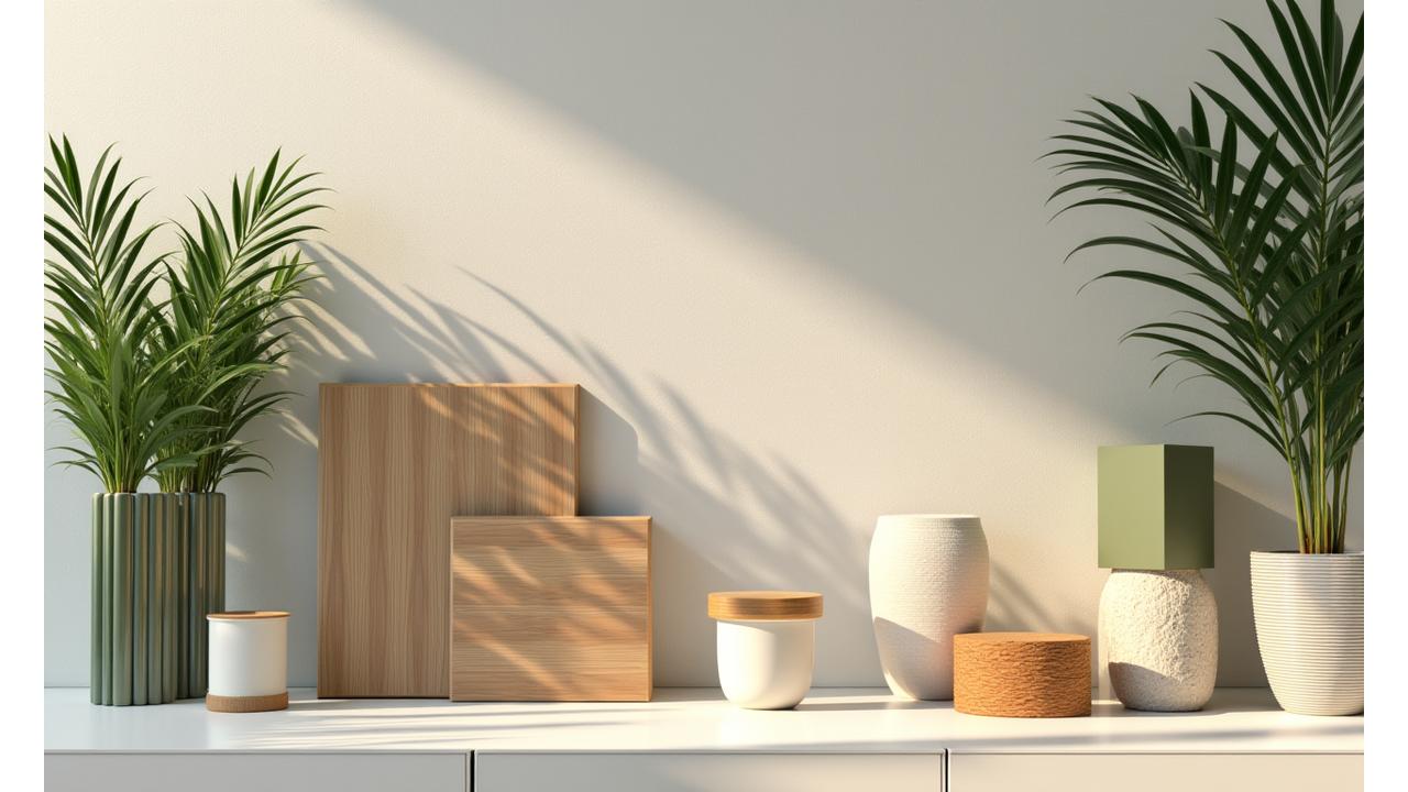 Rotating display of various sustainable building materials including bamboo panels, reclaimed wood, and recycled glass, with soft light and shadow play