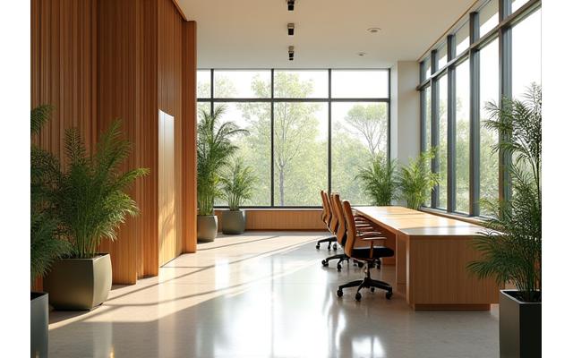 Modern, light-filled commercial office interior with visible natural materials