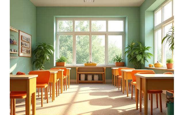 Bright and airy classroom interior with natural light and bamboo furniture