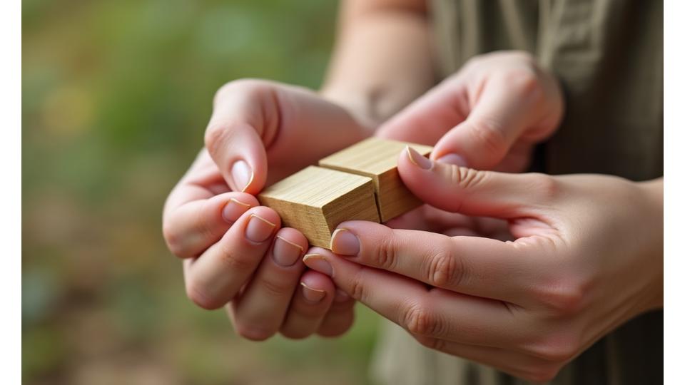 Two hands gently interlocking bamboo pieces, representing harmonious dispute resolution and collaborative problem-solving