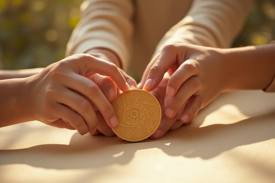 Elegant hands passing a geometric bamboo payment token, symbolizing smooth transactions and project milestones